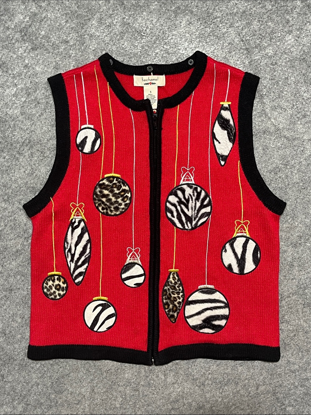 Vintage Christmas Vest Red Holiday Zip-Up With Animal-Print Ornaments